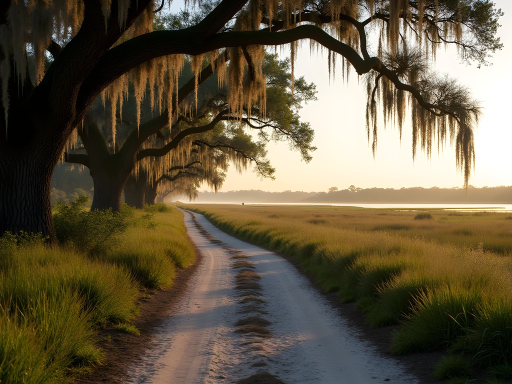 Tree-lined trail at Pinckney Island National Wildlife Refuge with marsh views