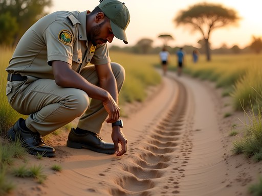 Guide demonstrating animal tracking techniques in Hwange National Park