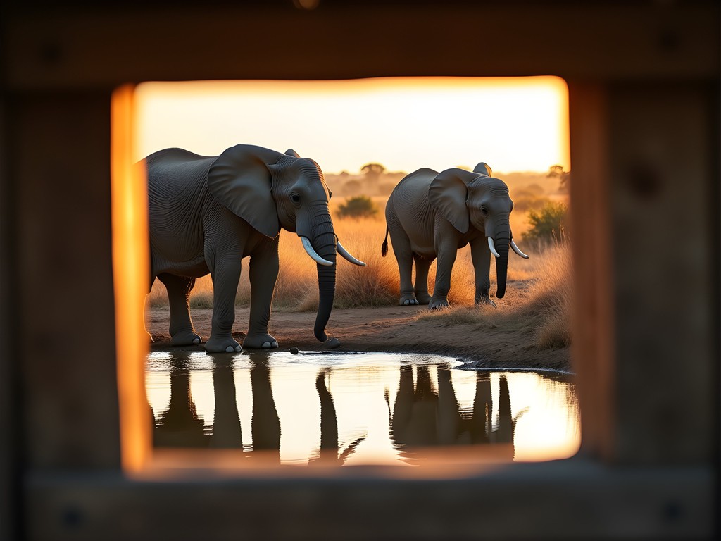 Elephants at waterhole viewed from photographic hide in Hwange