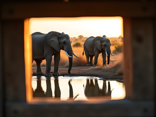 Elephants at waterhole viewed from photographic hide in Hwange