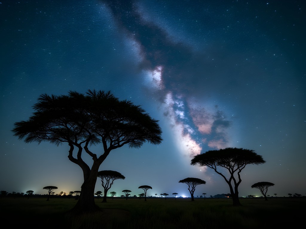 Milky Way galaxy visible over acacia trees in Hwange National Park