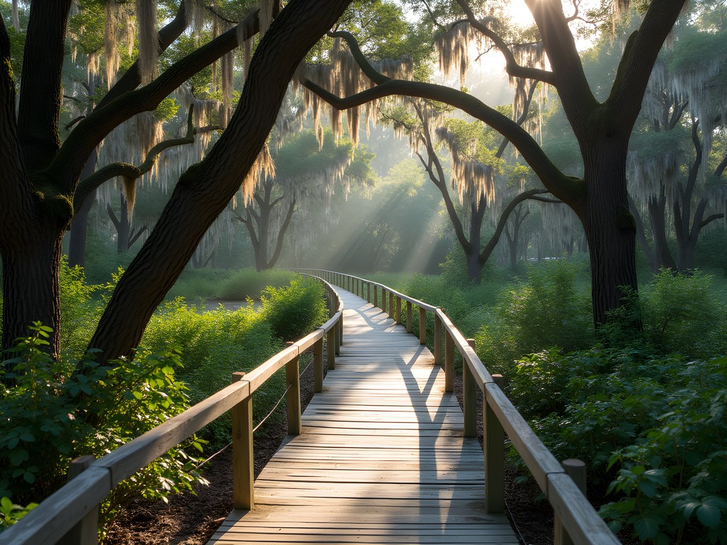Wooden boardwalk through maritime forest at Betz-Tiger Point Preserve