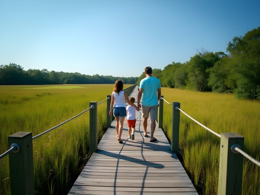 Family walking on wooden boardwalk through marsh at Castaway Island Preserve