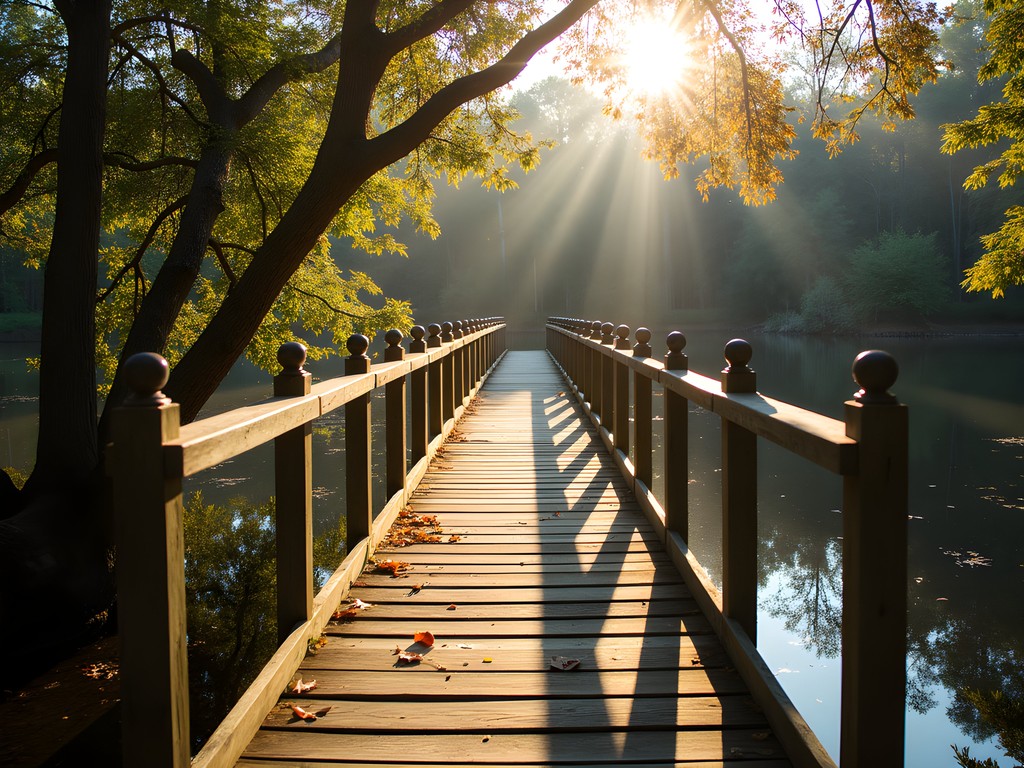 Wooden footbridge over pond with fall colors at Jacksonville Arboretum