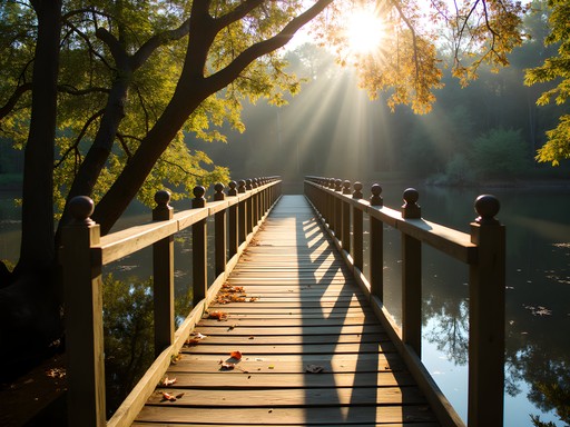 Wooden footbridge over pond with fall colors at Jacksonville Arboretum
