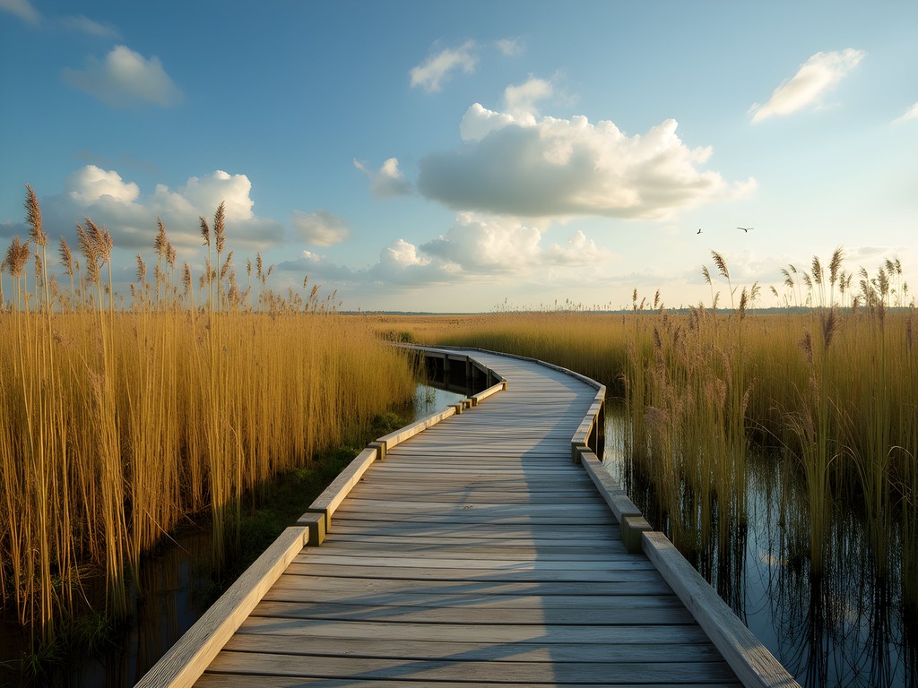 Wooden boardwalk winding through salt marsh at Theodore Roosevelt Preserve in Jacksonville