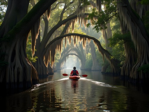 Kayaker paddling through tunnel of cypress trees in Jacksonville wetlands