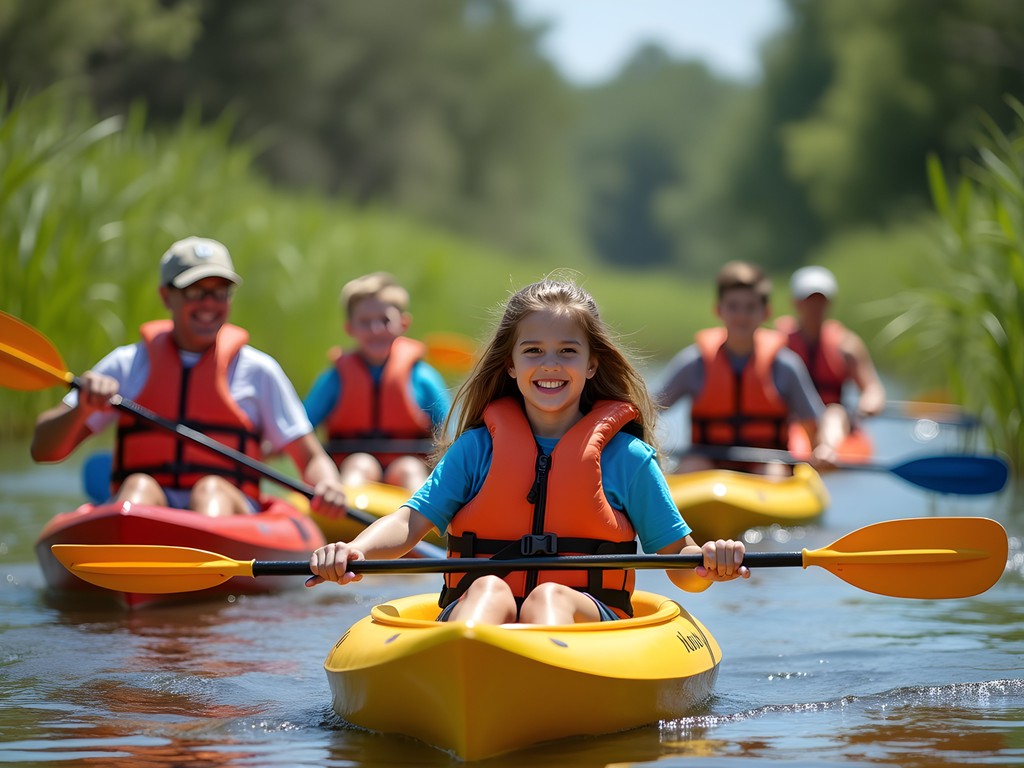 Multi-generational family group kayaking through Jacksonville wetlands in spring