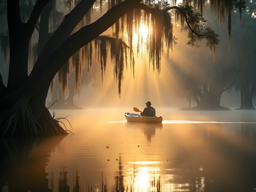 Early morning kayaker paddling through misty Jacksonville wetlands with cypress trees
