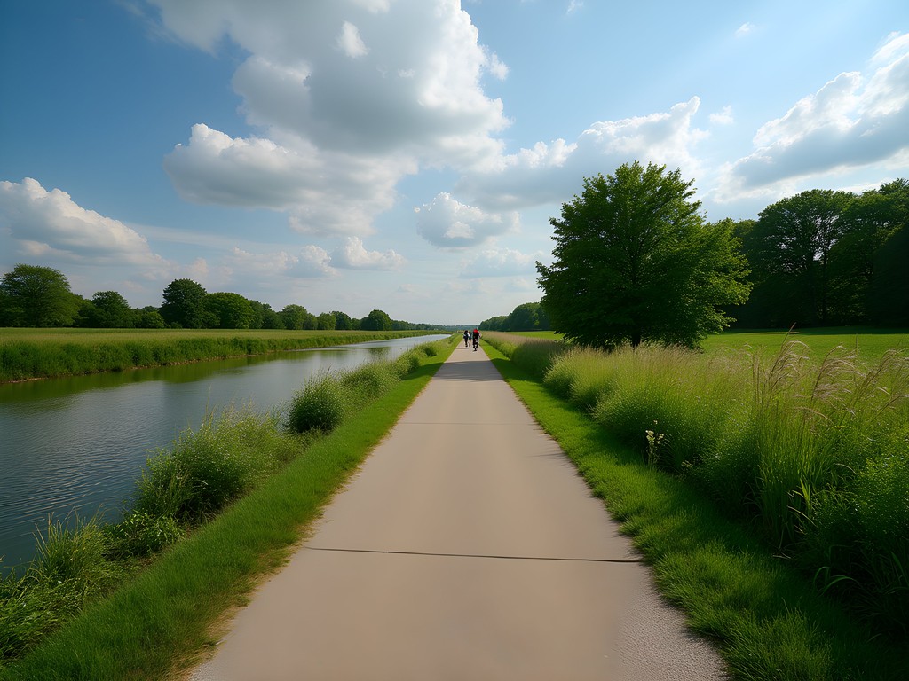 Historic Illinois and Michigan Canal Trail with cyclists and lush vegetation in Joliet area