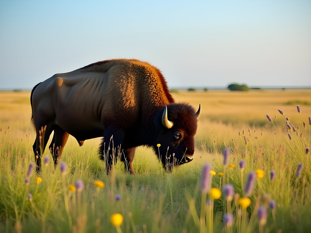 American bison grazing in restored tallgrass prairie at Midewin National Tallgrass Prairie near Joliet