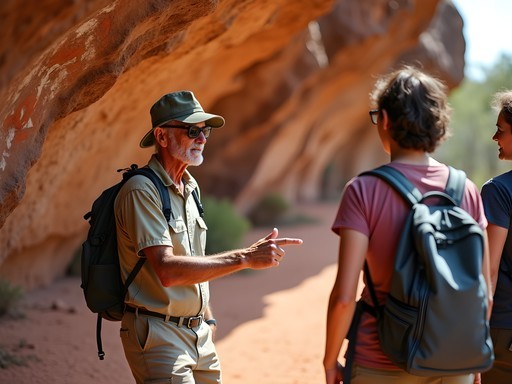 Aboriginal guide explaining ancient rock art meanings to trekkers in Kakadu