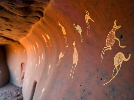 Ancient Aboriginal rock art on Jatbula Trail with natural ochre colors