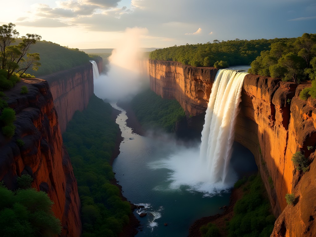 Panoramic view of Jim Jim Falls from remote escarpment viewpoint in Kakadu