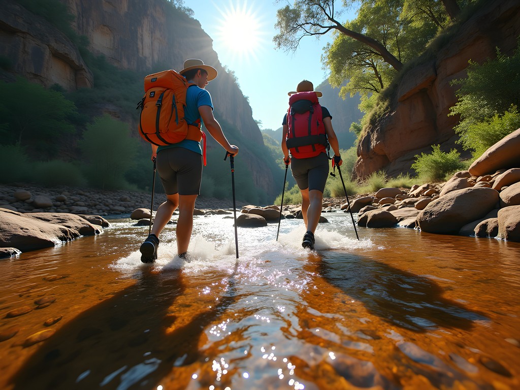 Trekkers carefully crossing rocky stream using safety techniques in Kakadu National Park