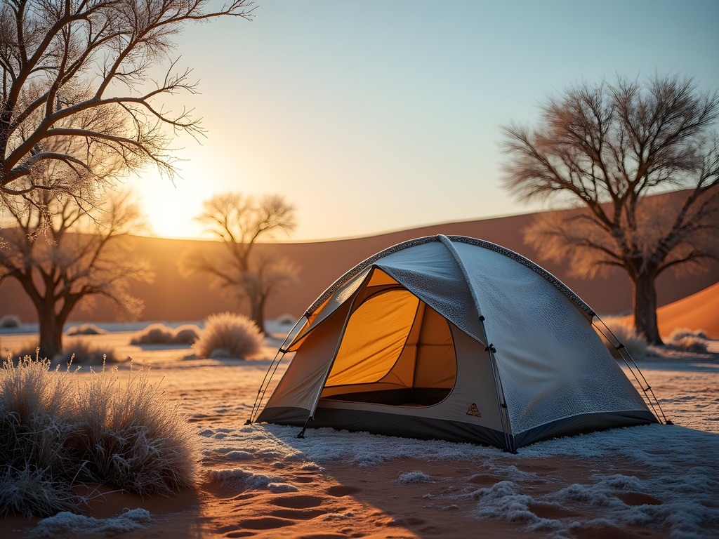 Winter sunrise over a camp in the Central Kalahari Game Reserve with frost-covered tent