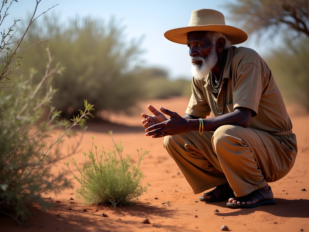 San elder sharing traditional ecological knowledge about desert plants in the Kalahari