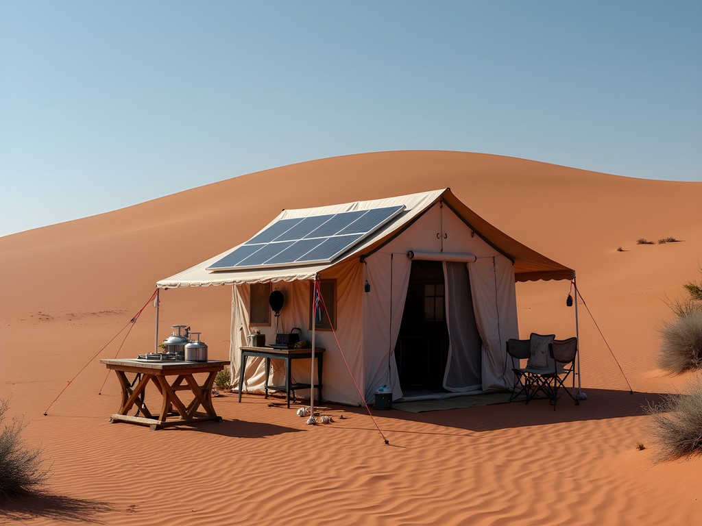 Sustainable camping setup in the Kalahari with solar panels and minimal impact practices