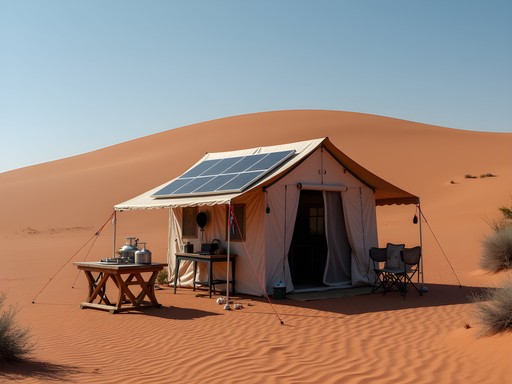 Sustainable camping setup in the Kalahari with solar panels and minimal impact practices