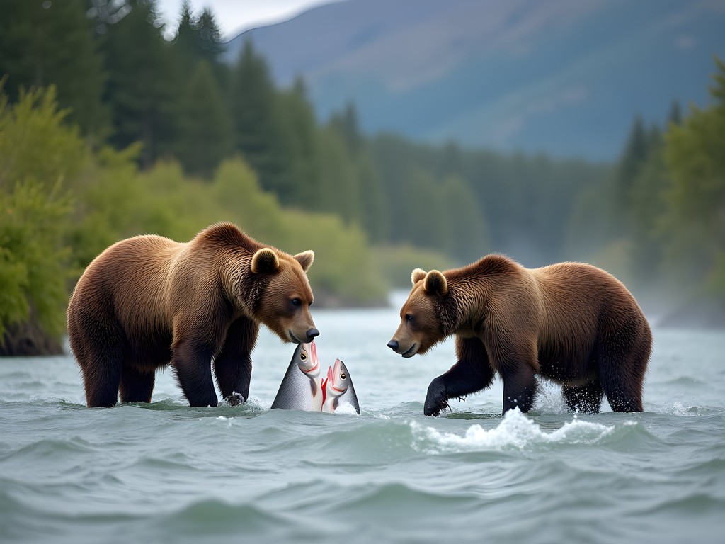 Brown bears fishing for salmon in Kamchatka river