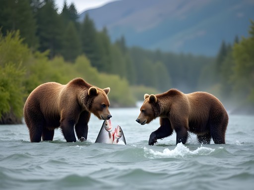 Brown bears fishing for salmon in Kamchatka river