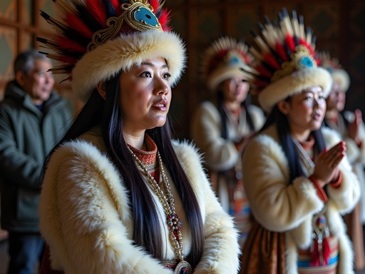 Indigenous cultural performance in traditional clothing in Kamchatka village