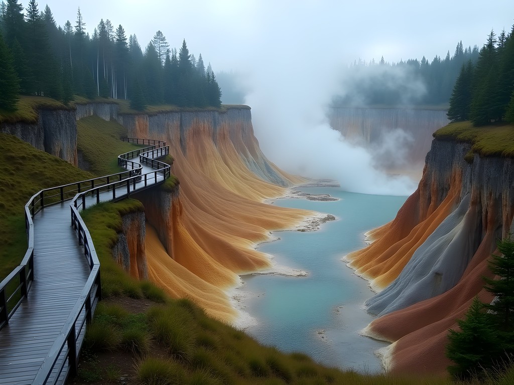 Wooden boardwalk winding through Kamchatka's Valley of Geysers with erupting geysers
