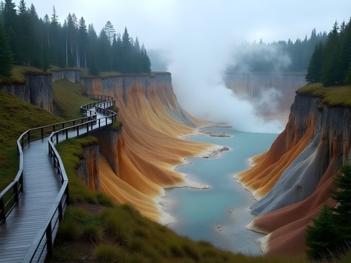Wooden boardwalk winding through Kamchatka's Valley of Geysers with erupting geysers