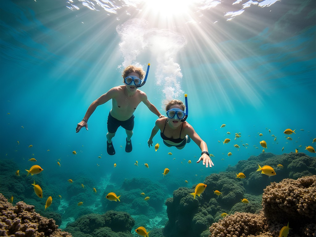 Couple snorkeling above vibrant coral formations in Kaneohe Bay