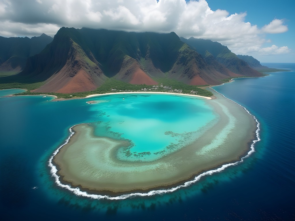 Aerial helicopter view of Kaneohe Bay showing barrier reef and mountains