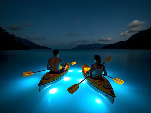 Couple kayaking through bioluminescent waters in Kaneohe Bay at night