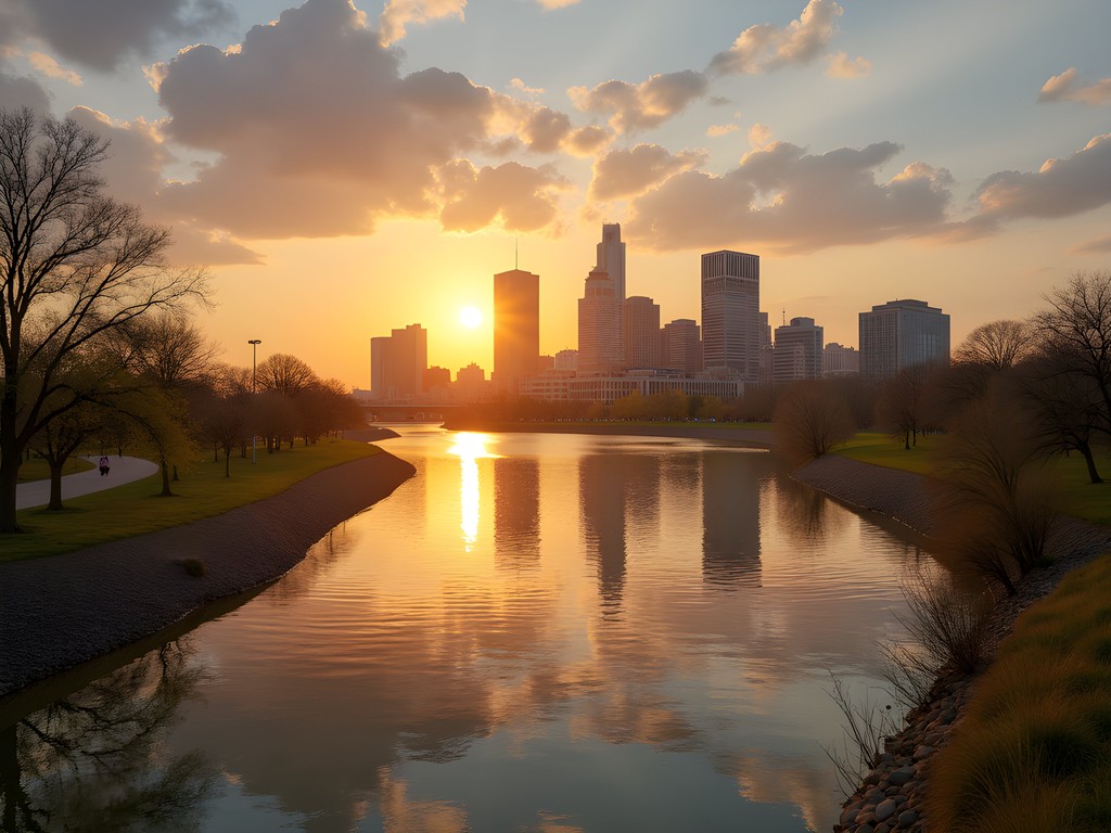 Sunset view of Kansas City skyline from Kaw Point Park at the river confluence