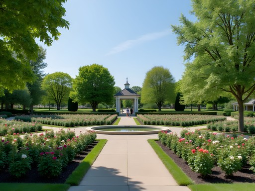Loose Park Rose Garden in early bloom with families enjoying the formal garden layout