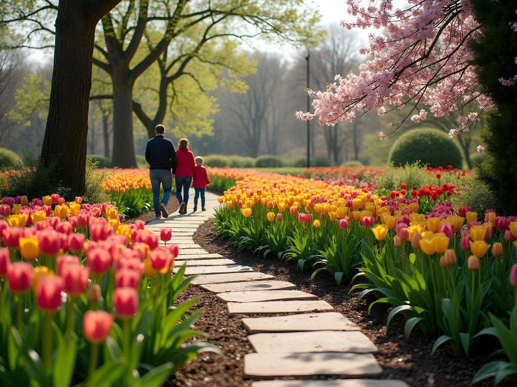 Spring blooms at Overland Park Arboretum and Botanical Gardens with families exploring paths