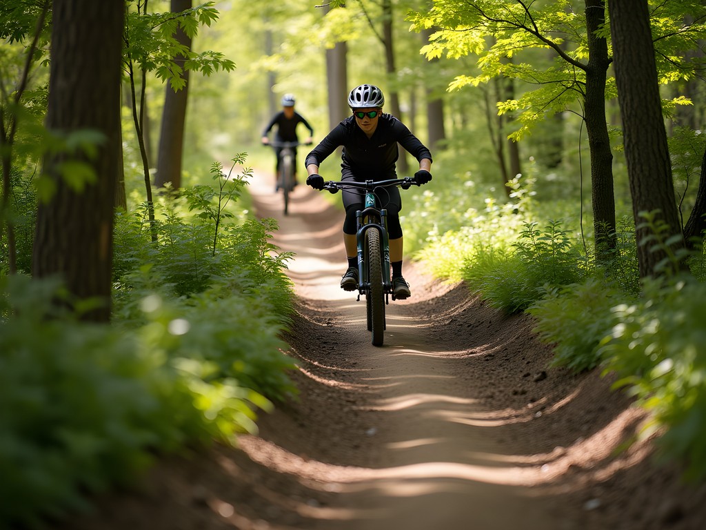 Mountain biking trails through the forested sections of Swope Park in spring