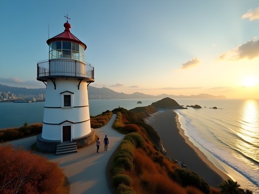 Cijin Lighthouse with coastal trail and Taiwan Strait view at sunset