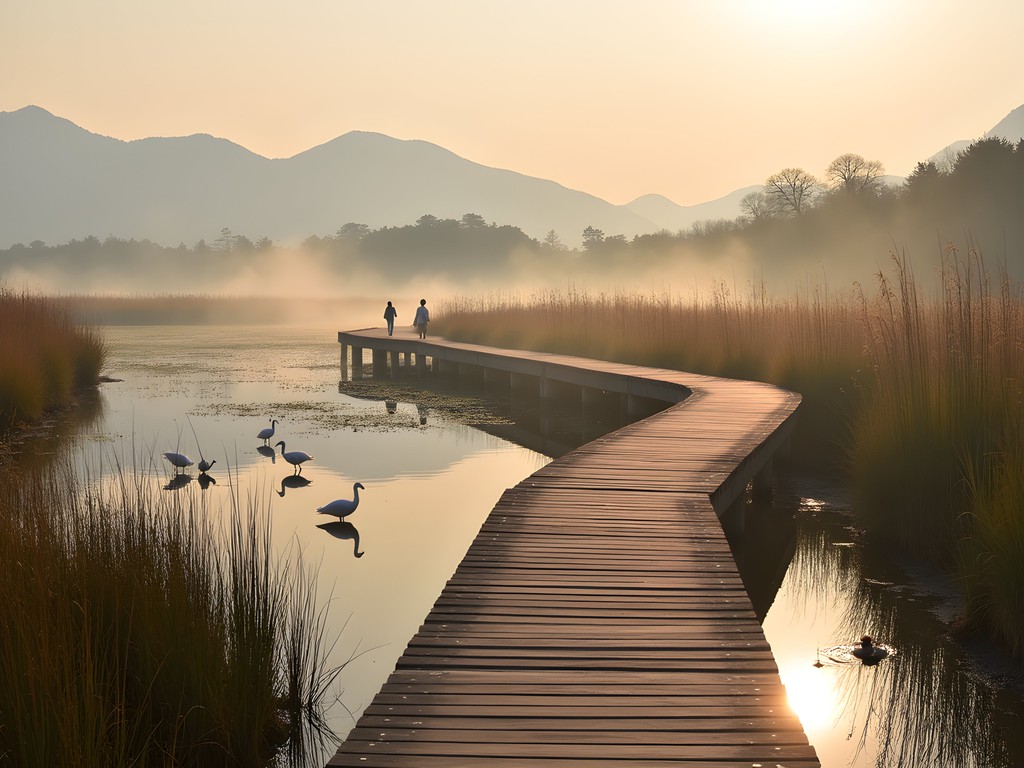 Wooden boardwalk winding through misty wetlands at Dafen Ecological Park with birds visible in reeds