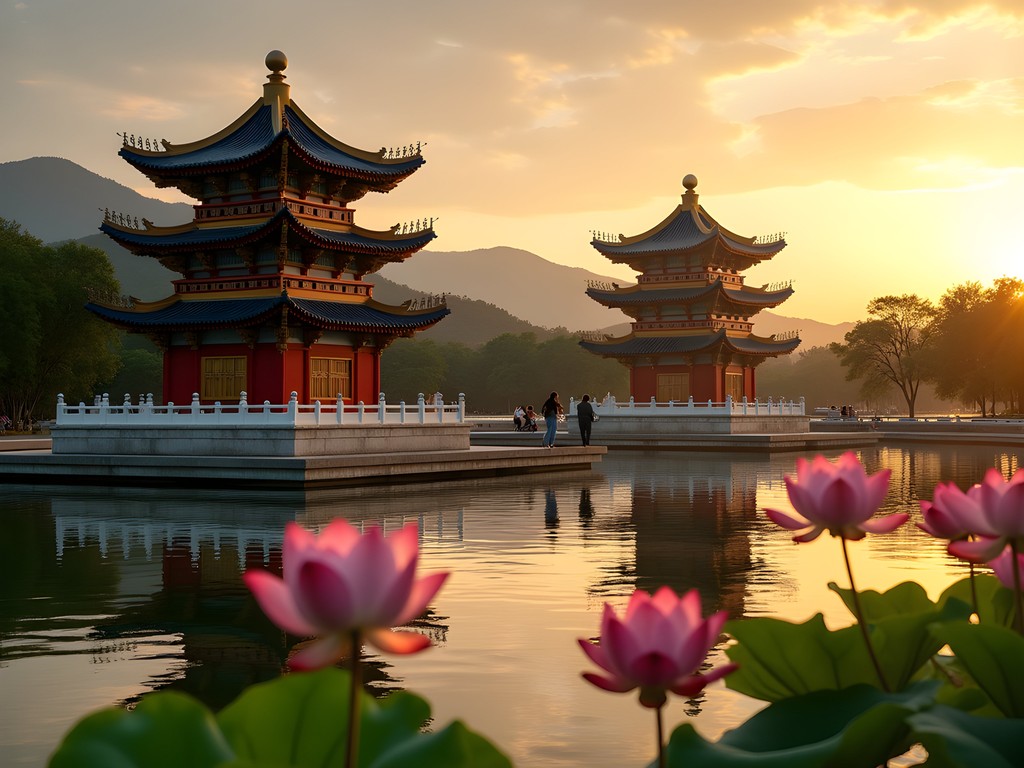 Colorful Dragon and Tiger Pagodas reflected in Lotus Pond at sunset with couple walking nearby