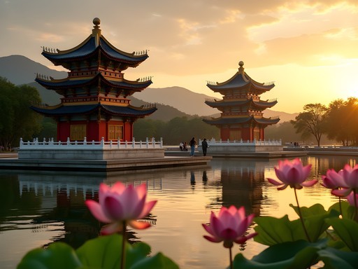 Colorful Dragon and Tiger Pagodas reflected in Lotus Pond at sunset with couple walking nearby