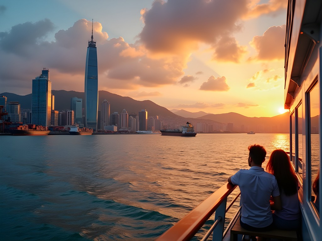 Sunset view of Kaohsiung skyline from harbor cruise boat with golden light on buildings