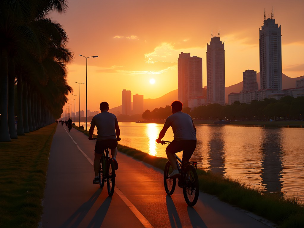 Couple cycling along illuminated Love River pathway at sunset in Kaohsiung
