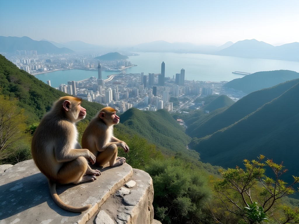Panoramic view of Kaohsiung harbor from Shoushan summit with Formosan macaques in foreground