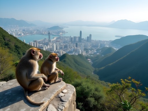 Panoramic view of Kaohsiung harbor from Shoushan summit with Formosan macaques in foreground
