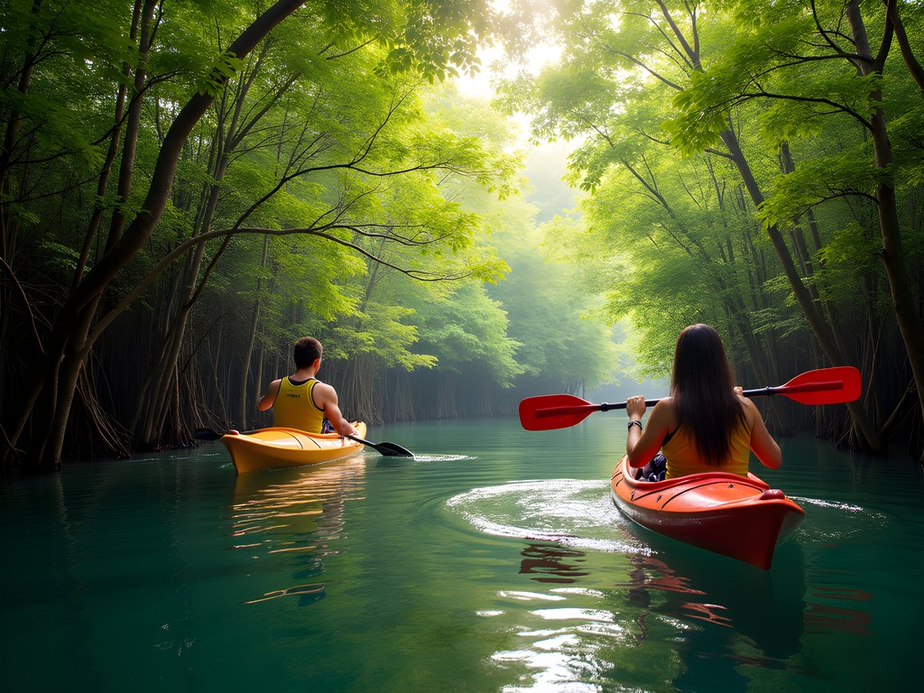 Couple kayaking through the lush green mangrove tunnel in Sicao near Kaohsiung