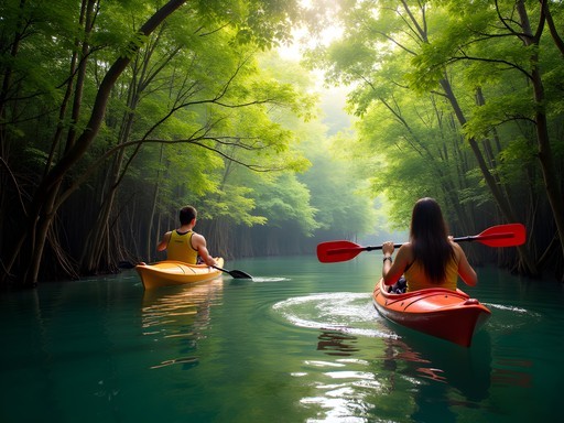 Couple kayaking through the lush green mangrove tunnel in Sicao near Kaohsiung