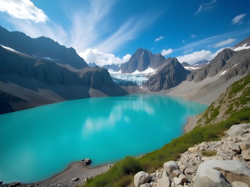Turquoise waters of Ala-Kol Lake surrounded by snow-capped Tian Shan peaks