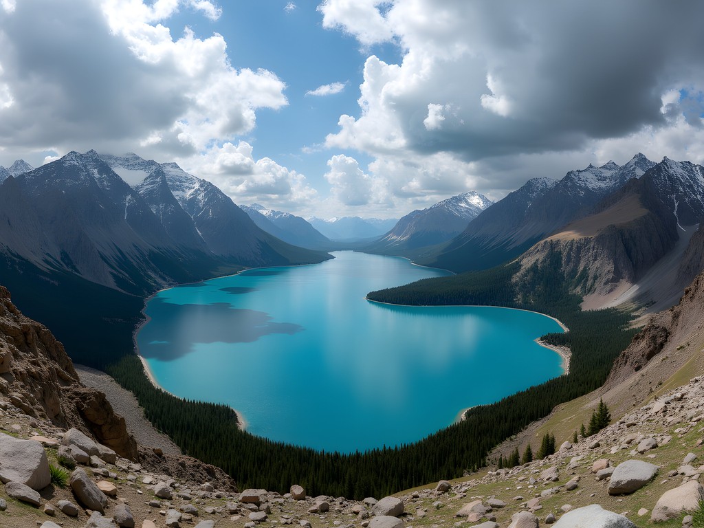 Panoramic view from Ala-Kol Pass showing turquoise lake and mountain ranges
