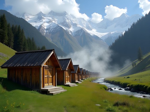 Wooden hot spring structures with steam rising and mountain backdrop in Altyn Arashan
