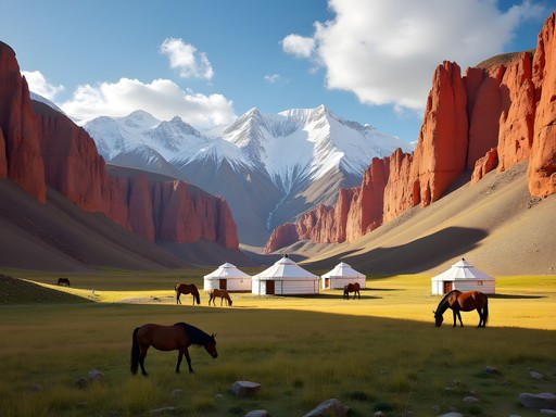 Red sandstone formations of Jeti-Oguz valley with yurts and grazing horses