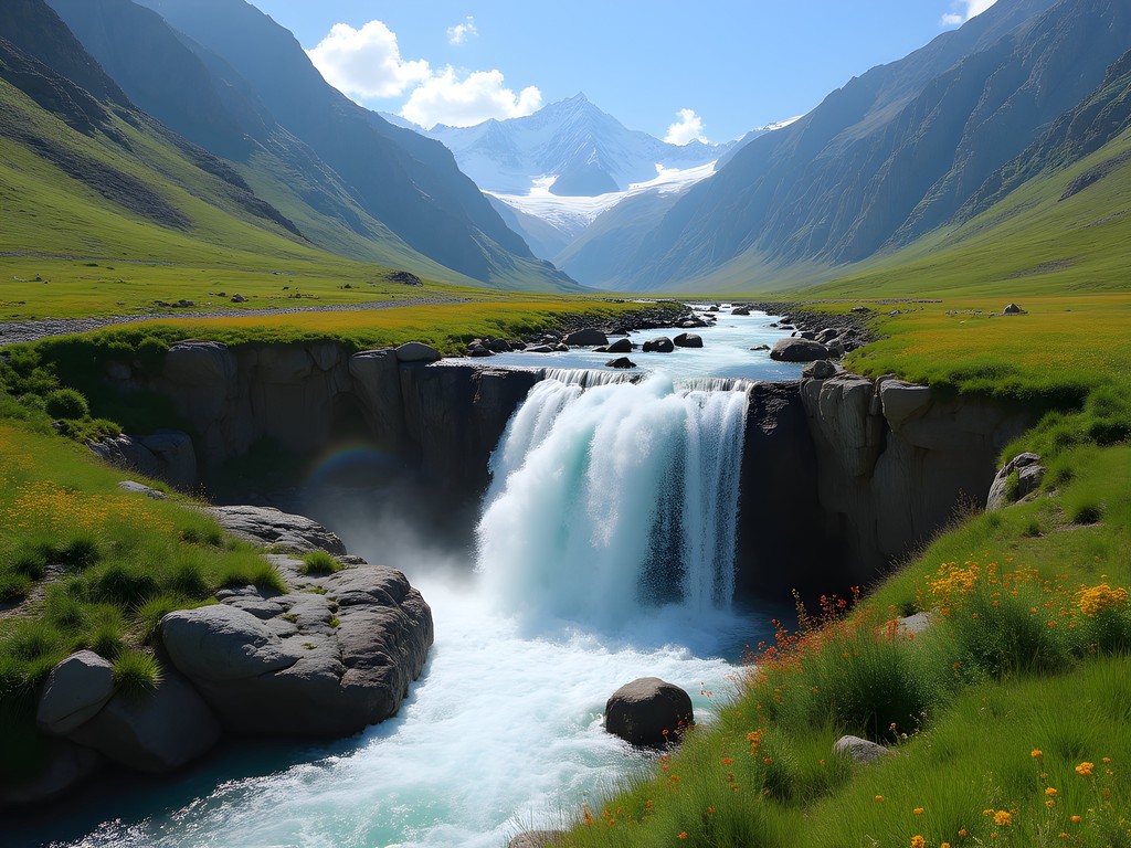 Waterfall cascading through alpine meadow in Karakol Gorge with Tian Shan mountains